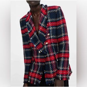 ZARA BLAZER GOLD BUTTONS TWEED CHECKED RED BLUE JACKET